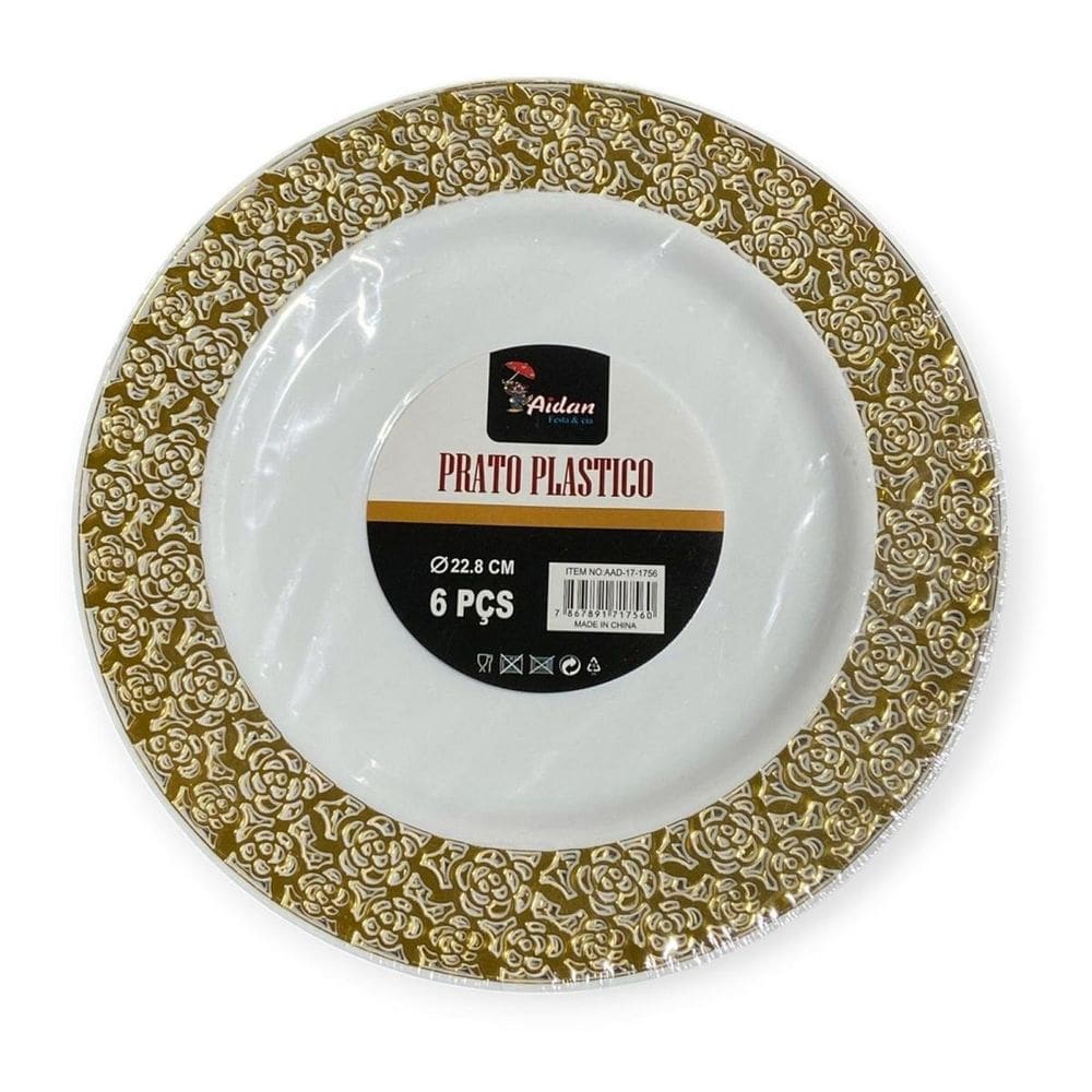 Kit 6 Pratos 22Cm Borda Dourada Plástico Reutilizável