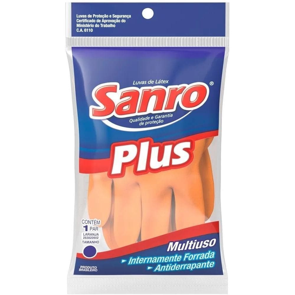 2X Luva Latex Forrada Sanro Plus Laranja Multiuso ,Tamanho