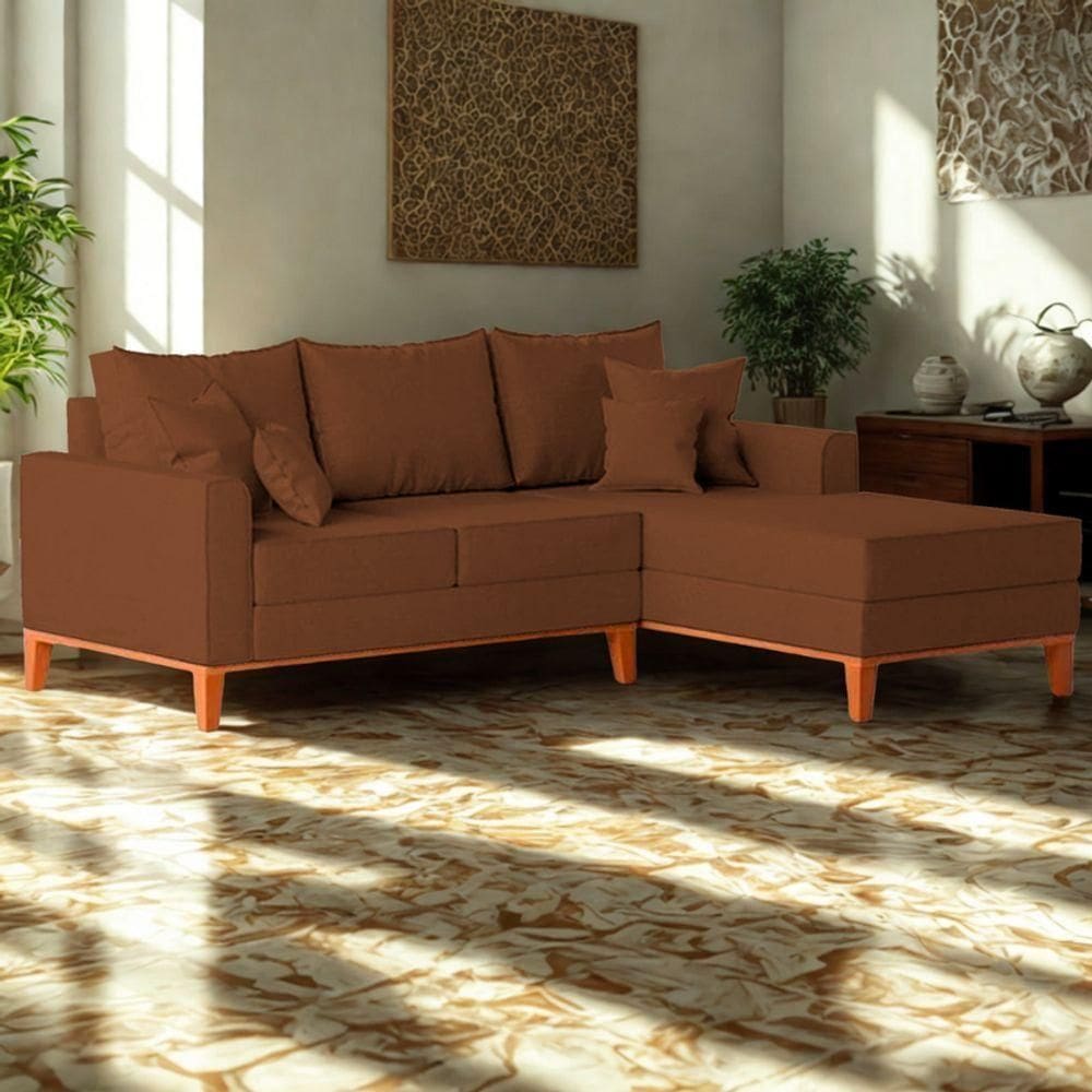 Sofá 3 Lugares Beny Com Chaise Direito Corino Terracota