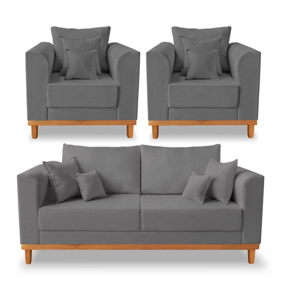 Kit Sofá 3 Lugares E 2 Poltronas Beny Viena Linho Grafite