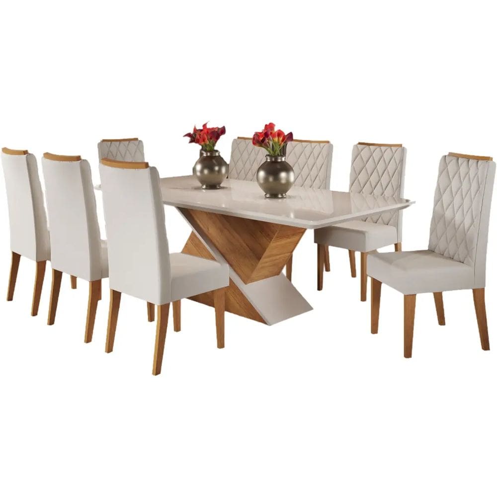 Mesa de Jantar Galak 200x90cm com 8 Cadeiras Iza Cor Off White Bege Viero