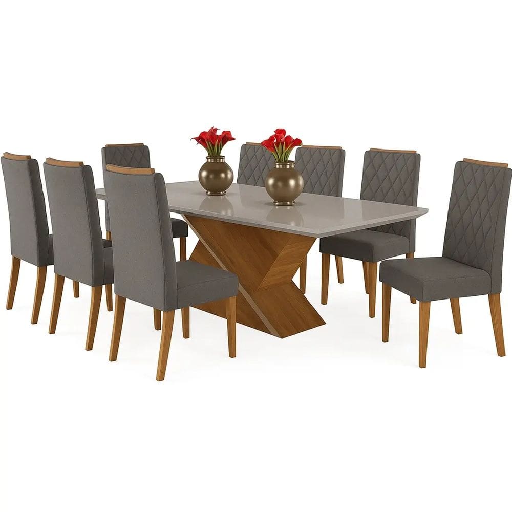 Mesa de Jantar Galak 200x90cm com 8 Cadeiras Iza Viero Cor Off White com Assento Cinza