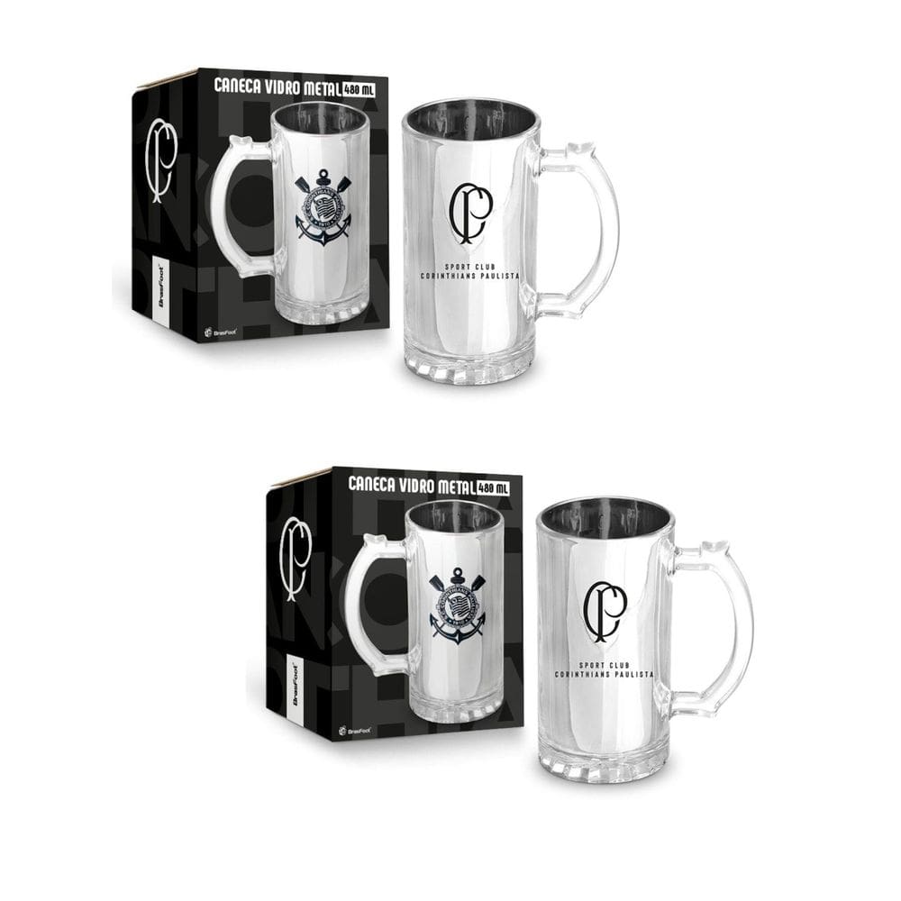 Kit 2 Caneca Vidro Reforçado Metalic 480 Corinthians Oficial