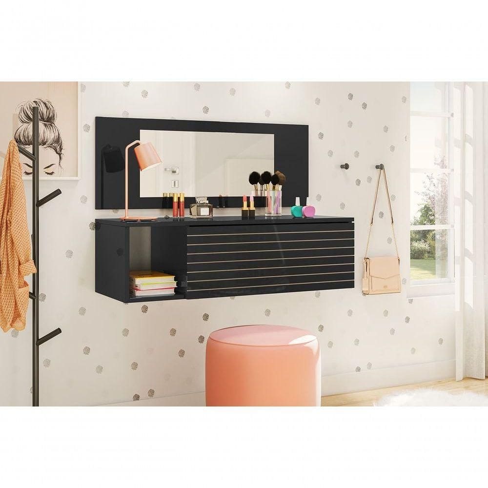 Penteadeira Camarim Suspensa Com Espelho E Gaveta Joy Preto