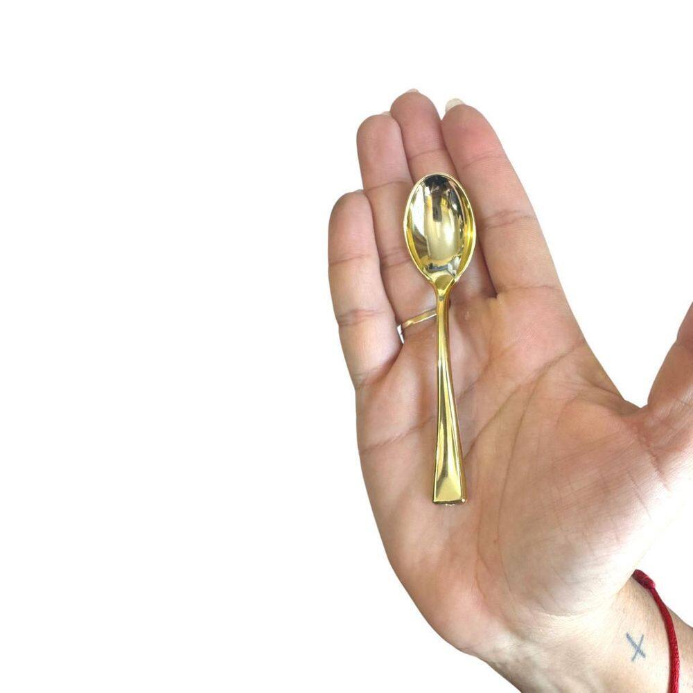 Kit 100 Mini Colher Dourada Brilhosa 10Cm - Acrílico Rígido