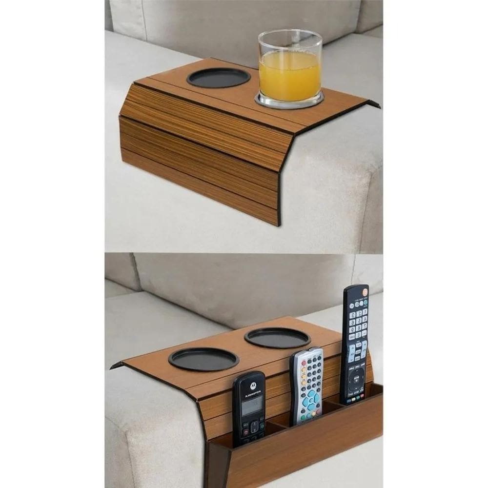 2X Porta Copo Sofá + Porta Controle Kit 2 Peças Madeira Ofer