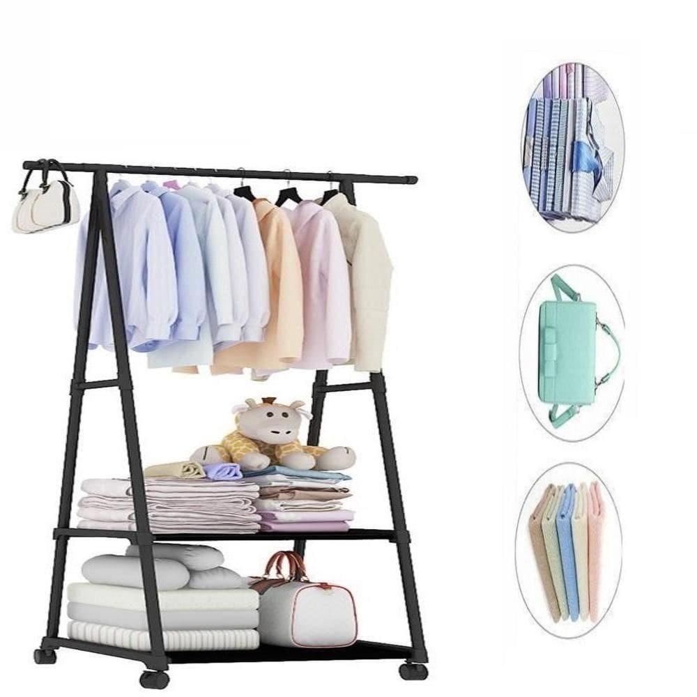 Armario Portatil Arara Roupas 2 Prateleiras Carrinho Guarda Sapateira Rodinhas Organizador Preto