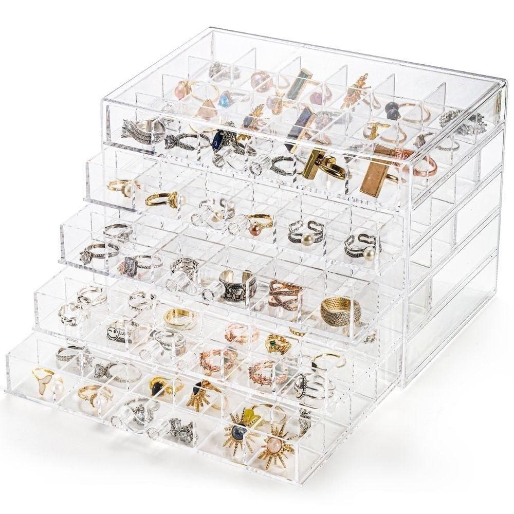 Organizador 120 Disivorias Porta Joias Caixa Acrilica 5 Gavetas Bijuterias Acessorios Mesa Armazenamento Compartimentos