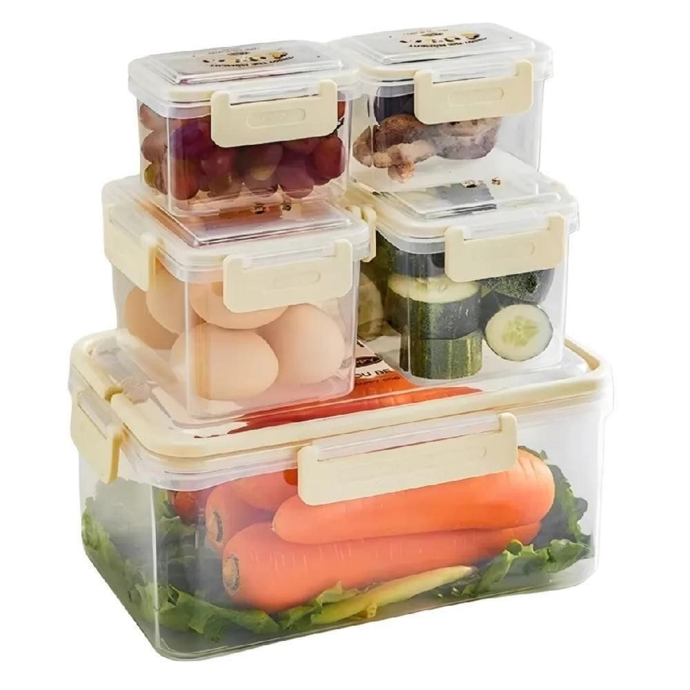 Kit 5 Potes Hermeticos Organizador Trava Lateral Geladeira Multifuncional Cesto Separador Agua Marmita Maleta Alca Livre