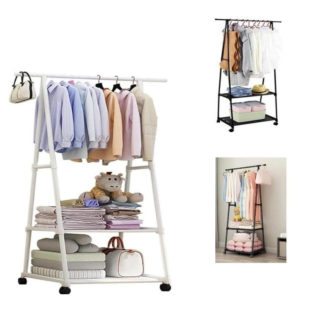 Guarda Roupa Suporte Organizador Cabideiro Portatil 2 Prateleiras Arara Carrinho Sapateira Armazenamento Quarto Cor:bran