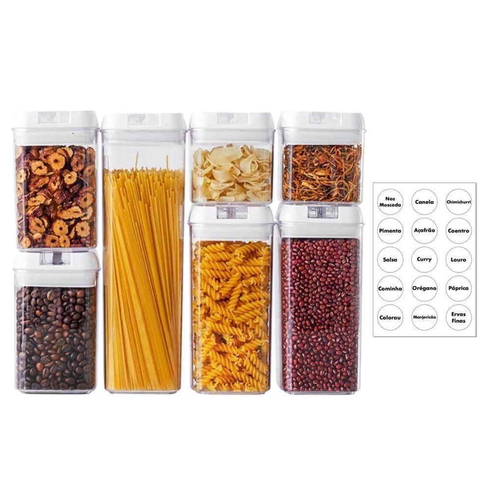 Kit 7 Potes Hermetico Completo 35 Adesivos Conjunto Cozinha Acrilico Alimentos Organizacao Cozinha Freezer