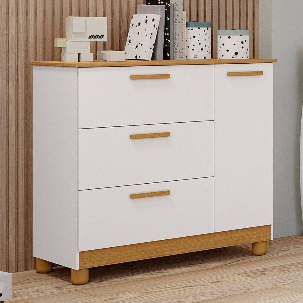 Cômoda Infantil Jujuba 3 Gavetas 1 Porta Branco/Natural - Permóbili