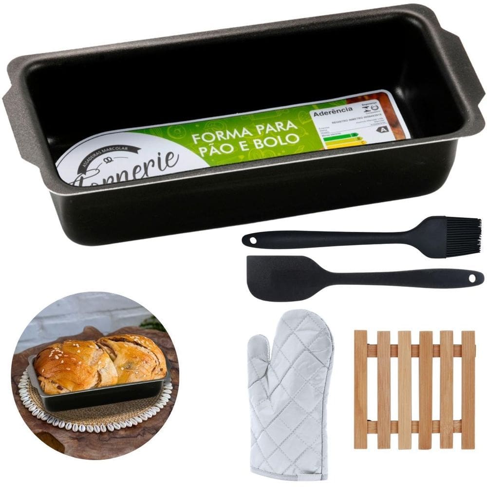 Forma Pão 1,3L + Luva + Pincel + Espátula + Descanso Panela