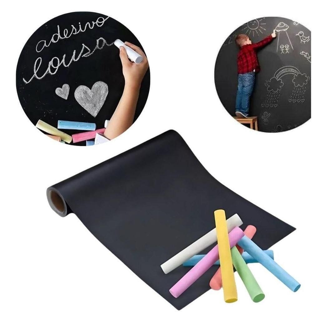Adesivo Lousa Quadro Negro 1 Metro Papel Parede Contact Kit Completo Giz 1m X 45cm Preto Lavavel Escola