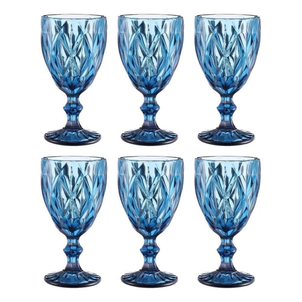2X Conjunto 6 Taças Best Kaza Vidro Azul Diamante Vinho/Água