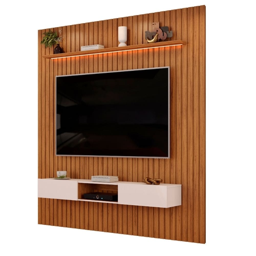 Painel Para Tv Até 85 Polegadas 2,50m Ripado Autêntico Com Led e Nicho Montreal Madeirado/Off White