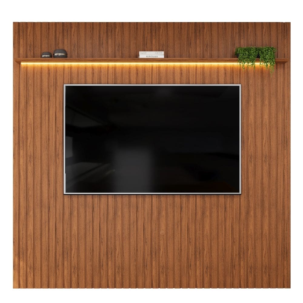 Painel Para Tv Até 85 Polegadas 2,50m Ripado Autêntico com Led e Prateleira Montreal Madeirado