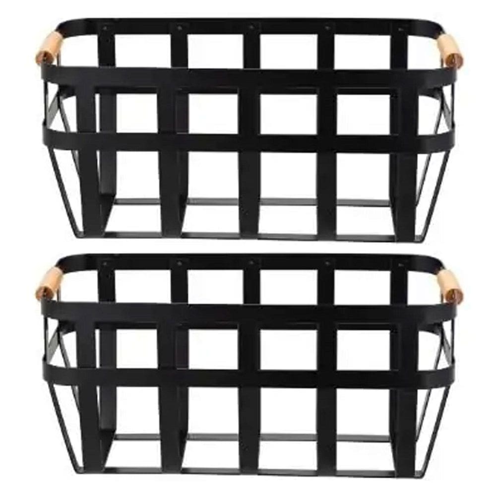 Kit 2 Cesto De Metal Com Alca De Bambu 33X17X15Cm Preto