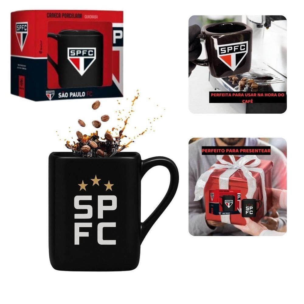 Caneca Porcelana Xícara Quadrada 220Ml Preto Café Chá Escudo