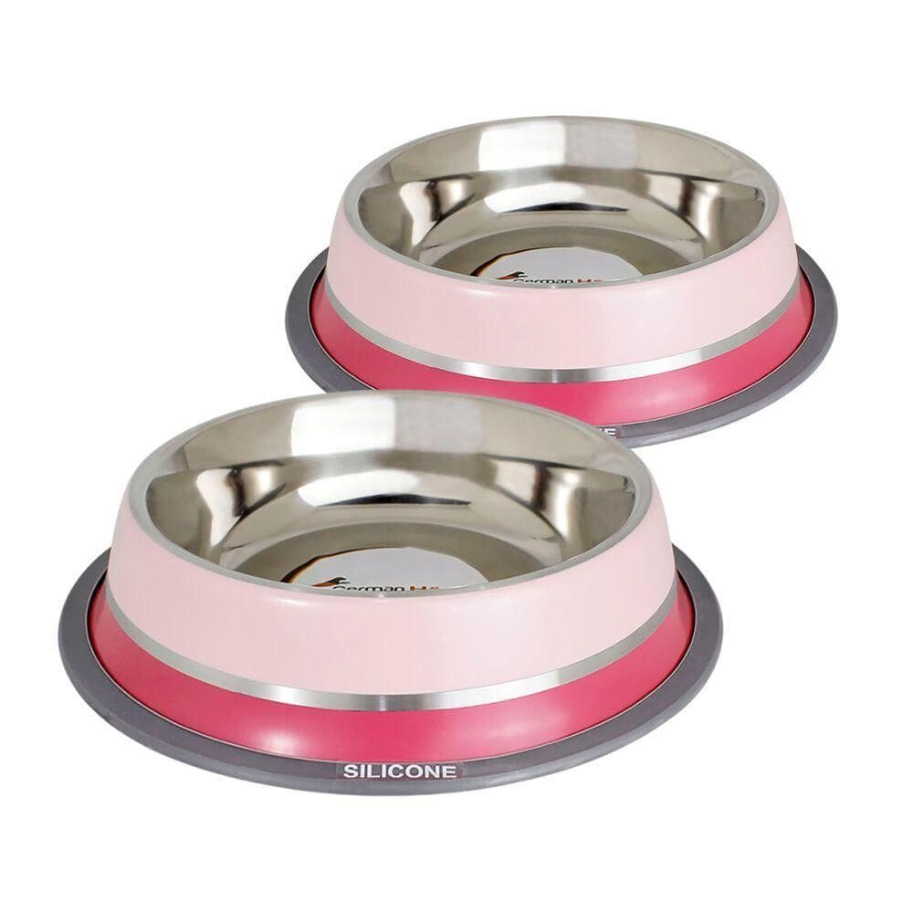Comedouro Duplo De Aço Inox Rosa Com Base Antiderrapante - 850ml Para Pets