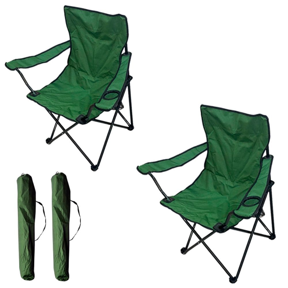 2 Cadeiras Banco Banqueta Pesca Camping Praia Apoio de Braço e Porta Copos Verde Importway Iwcdc-vd