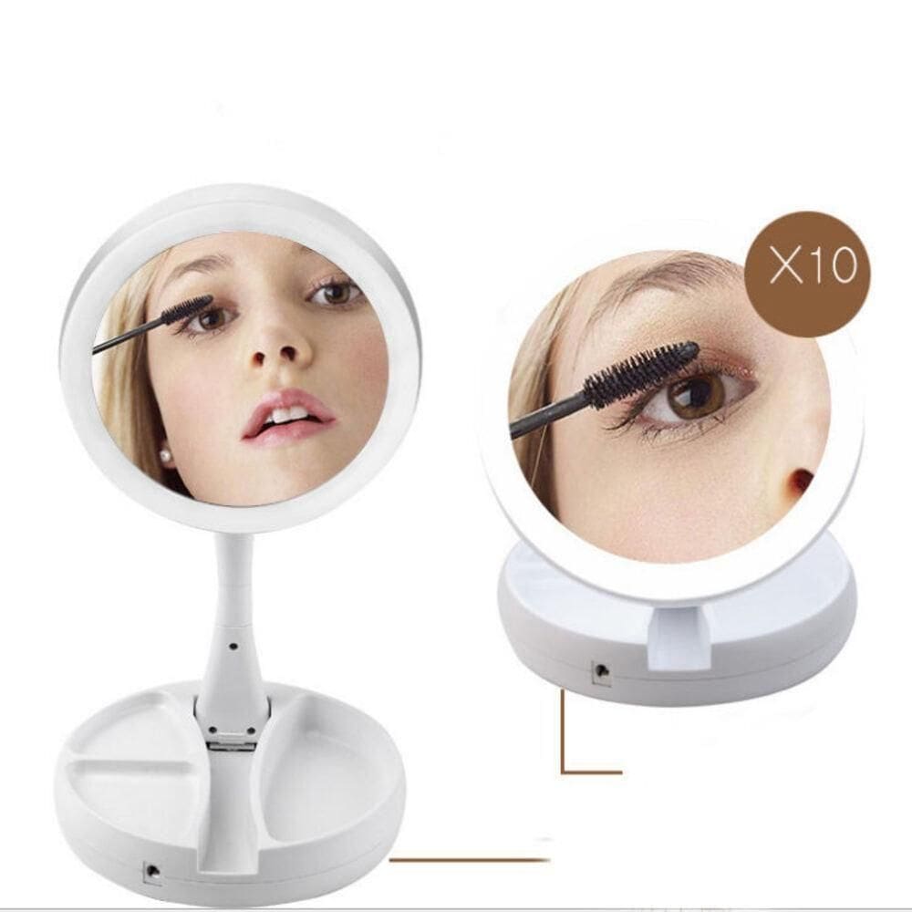 Espelho Maquiagem Led Dupla Face Aumento 10x Lupa Iluminada Dobravel Base Organizadora Porta Cosmeticos Mesa Multifuncio