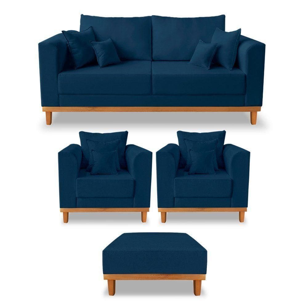 Kit Sofá 3 Lugares E 2 Poltronas Beny + Puff Isa Linho Azul