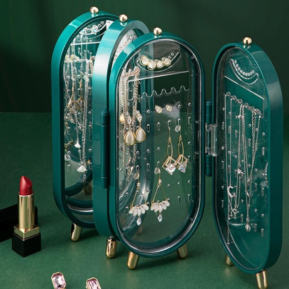 Porta Joias Dobravel Espelho 3 Compartimentos Acrilico Organizador Caixa Armazenadora VerdeAcessorios