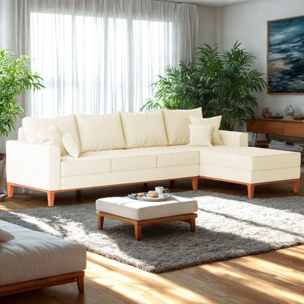 Sofá 4 Lugares Beny Com Chaise Direito Corino Bege