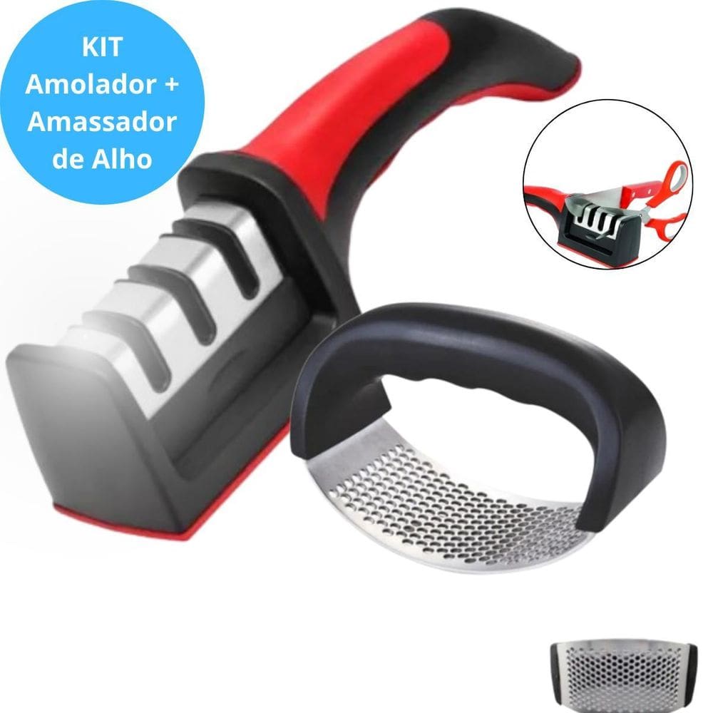 Kit Amassador De Alho Resistente E Afiador Compacto