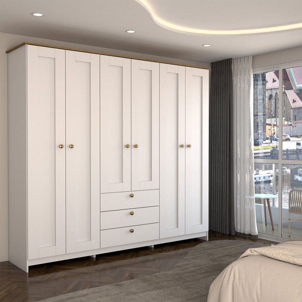 Guarda-Roupa Casal Americano 6 Portas 3 Gavetas Branco/Ipê - Panorama Móveis