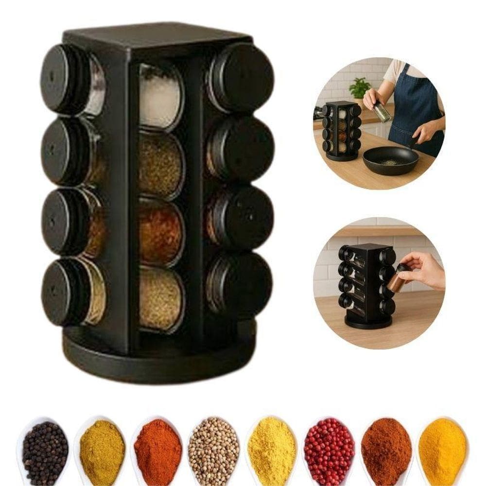 Porta Condimentos Giratório Plástico Preto Com 08 Potes 80Ml