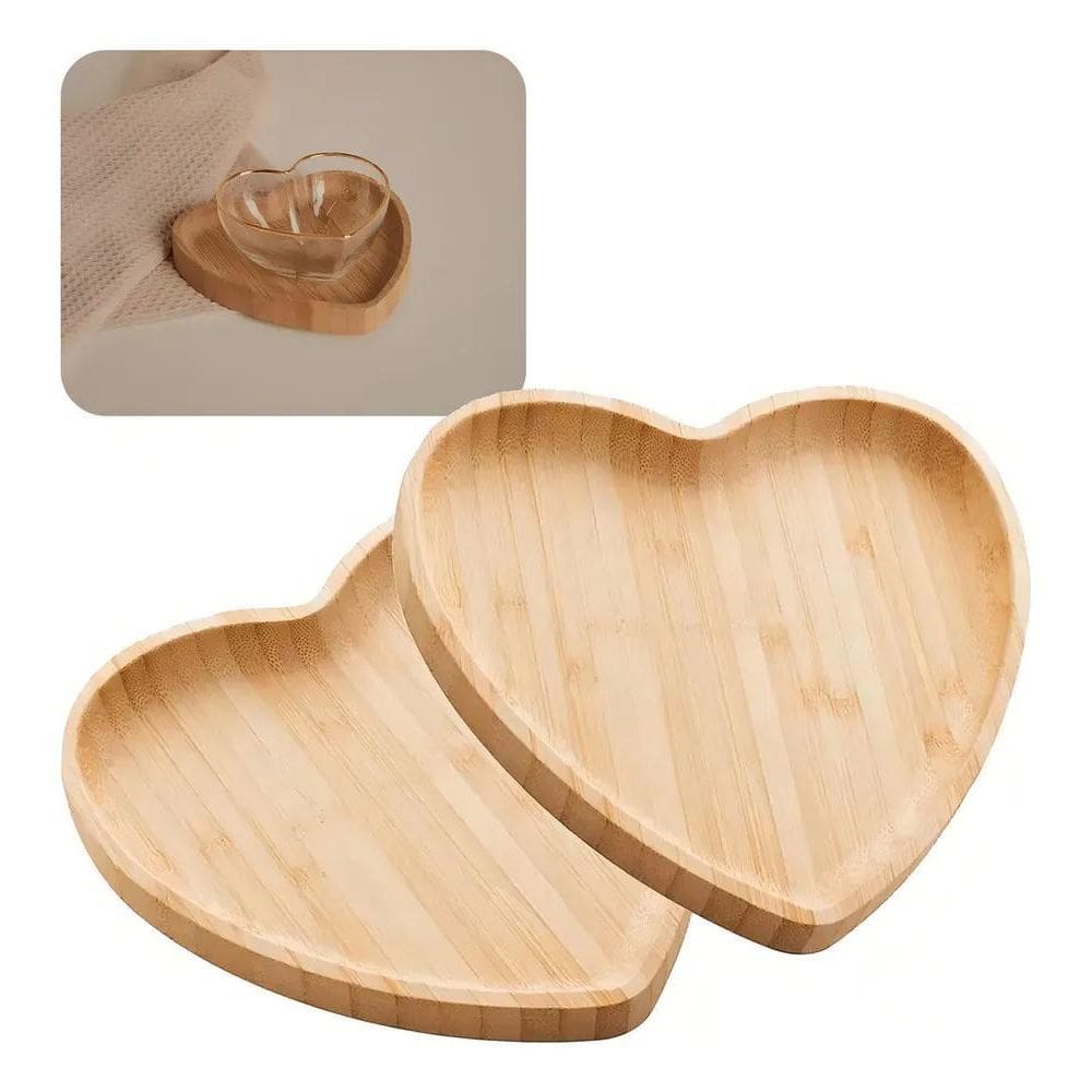 10X Kit 2 Bandejas De Bambu Pires Travessa Coração Heart 12