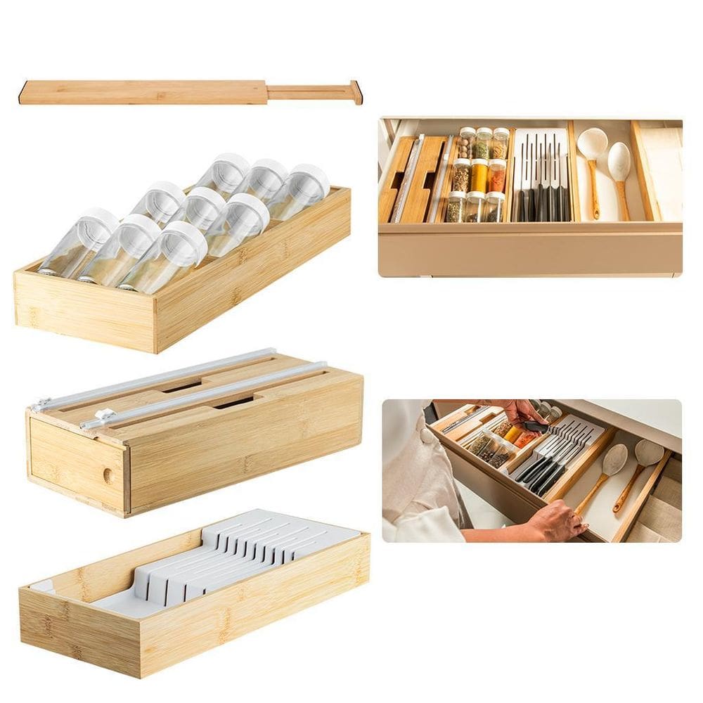 Conjunto 04 Organizadores Gavetas Em Bambu Facas E Temperos
