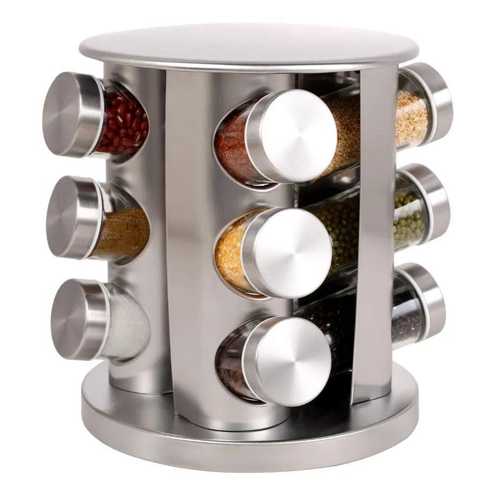 Porta Tempero Giratório 360 Com 12 Potes Vidro Suporte Inox