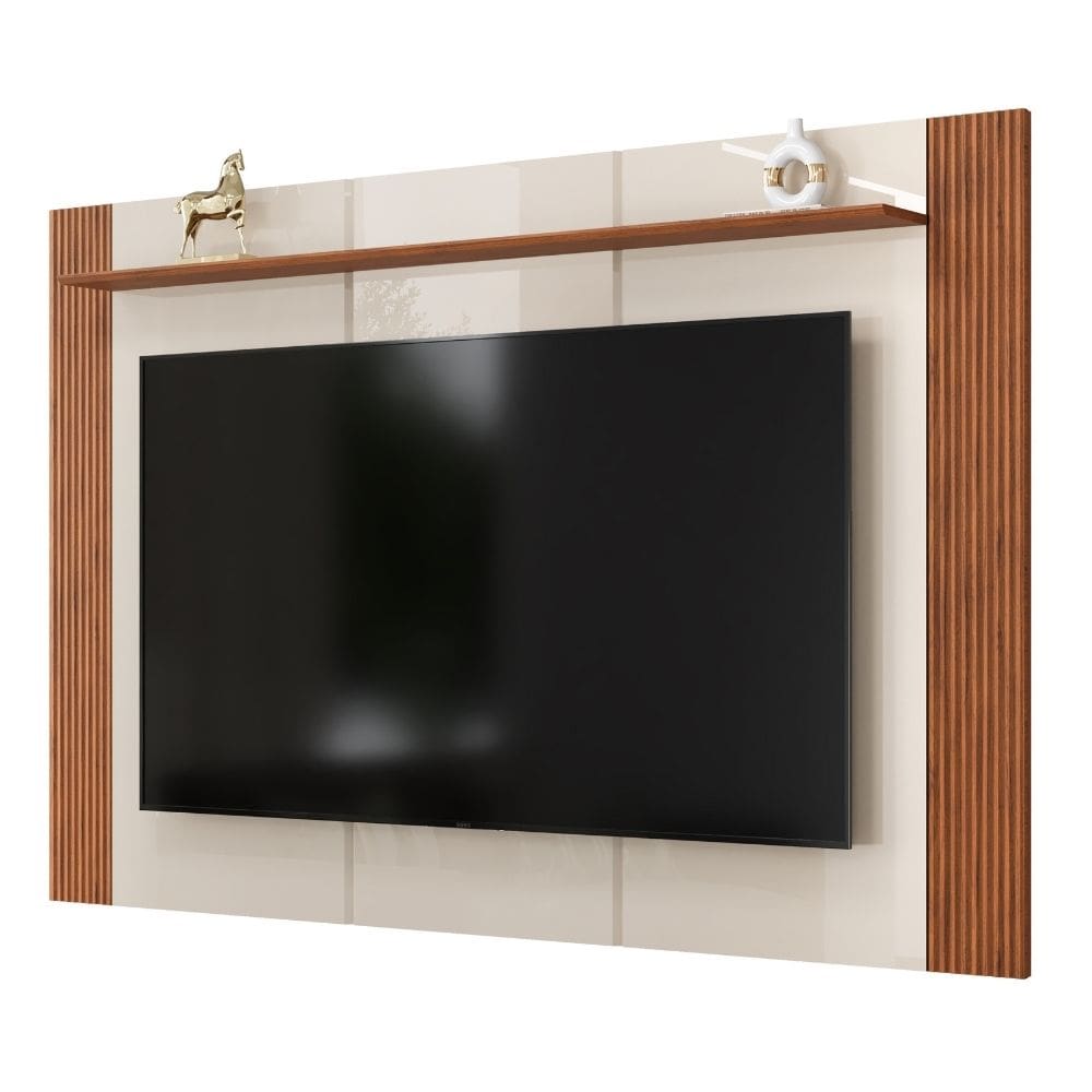 Painel Para TV Até 75 Polegadas 1,82m Detalhe Frisado Com Prateleira Heloisa Off White/Madeirado