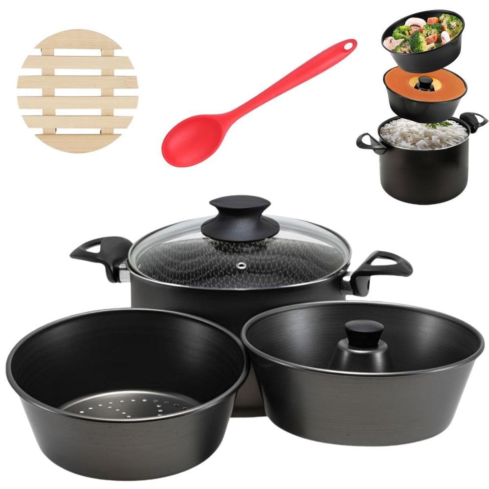 Panela 3 Em 1 Antiaderente 3,9L + 02 Descansos + Colher