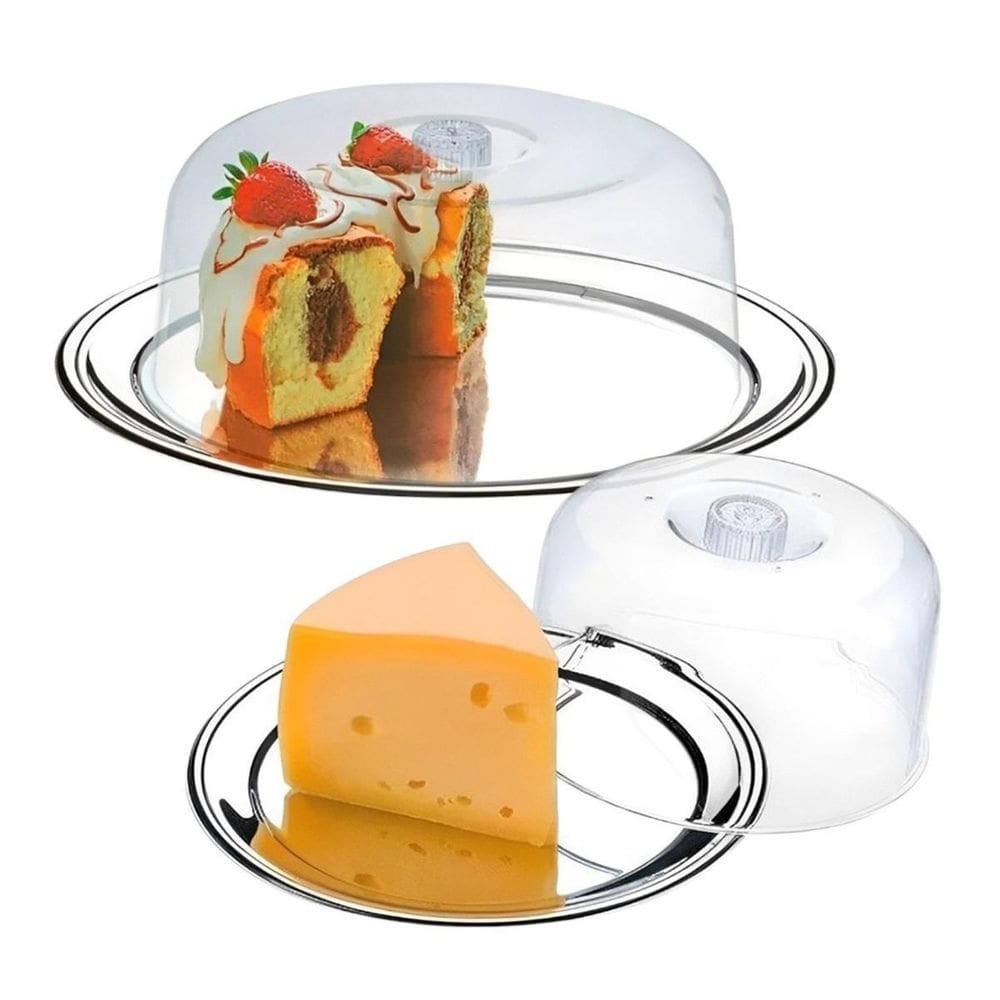 Kit Boleira + Queijeira Bolo Queijo Base Prato Inox Acrílico