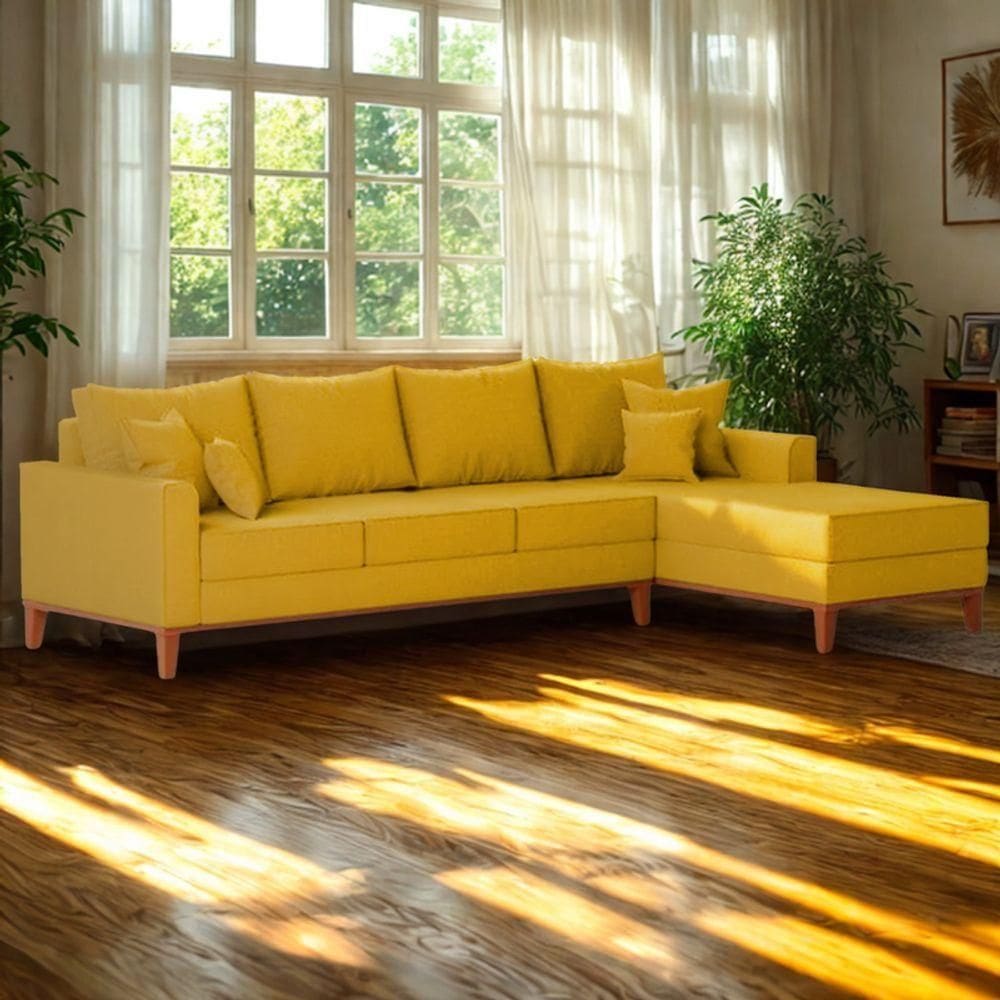 Sofá 4 Lugares Beny Com Chaise Direito Suede Amarelo