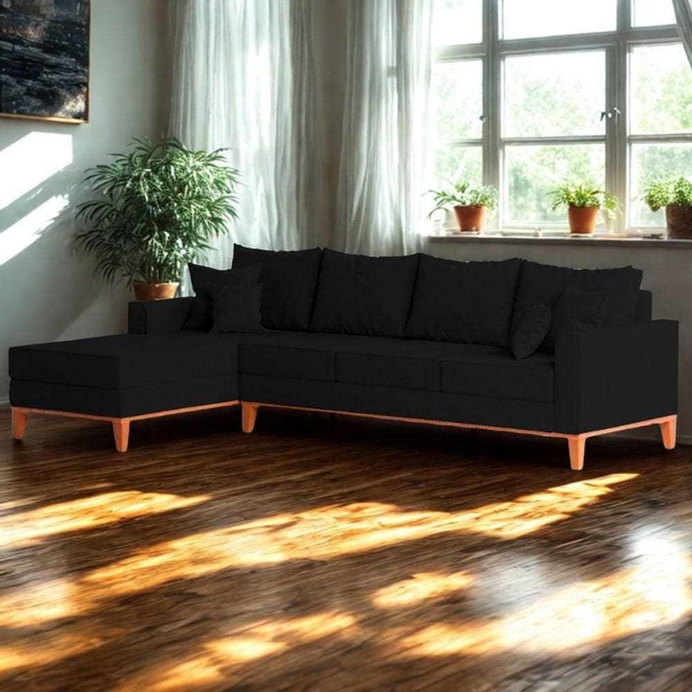 Sofá 4 Lugares Beny Com Chaise Esquerdo Linho Preto