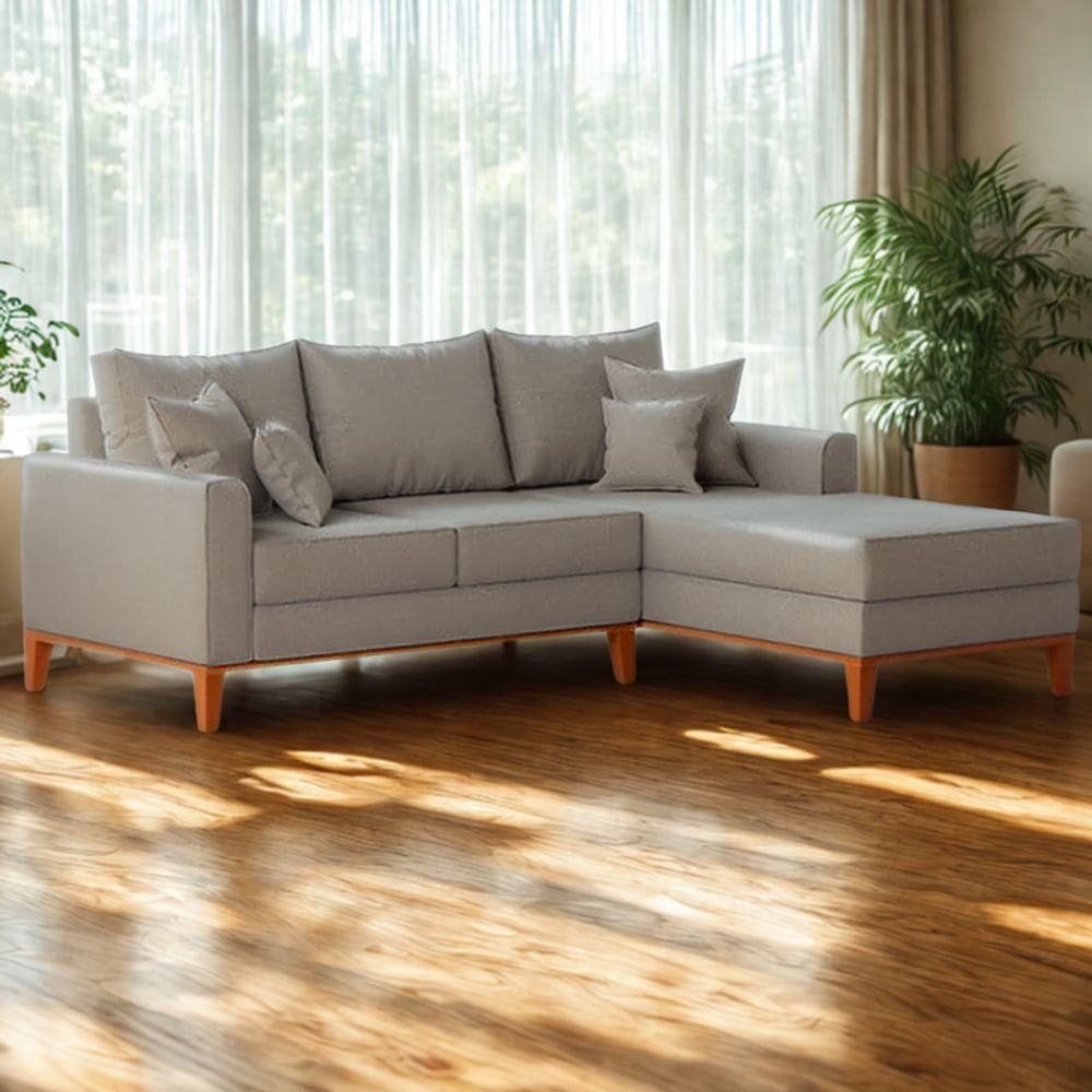 Sofá 3 Lugares Beny Com Chaise Direito Linho Cinza