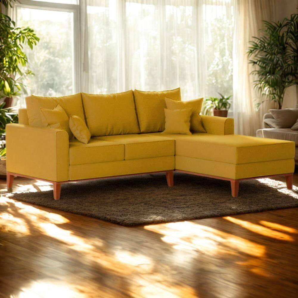 Sofá 3 Lugares Beny Com Chaise Direito Suede Amarelo