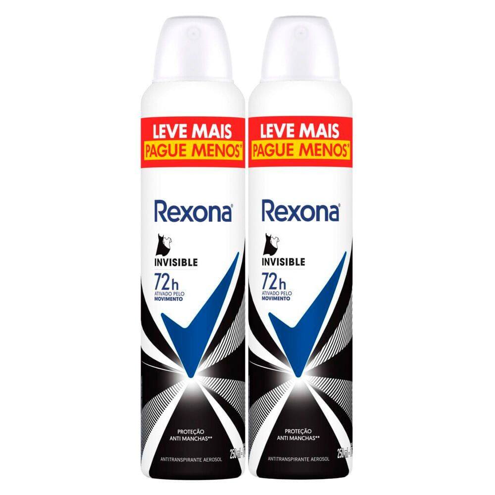 Kit 2 Desodorante Antitranspirante Aerosol Feminino Rexona Invisible 72 horas 250ml Leve Mais Pague Menos