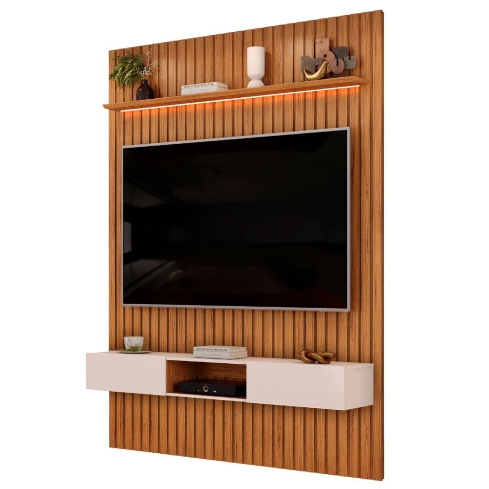 Painel Para TV Até 65 Polegadas 1,83m Ripado Autêntico Com Led e Nicho Montreal Madeirado/Off White