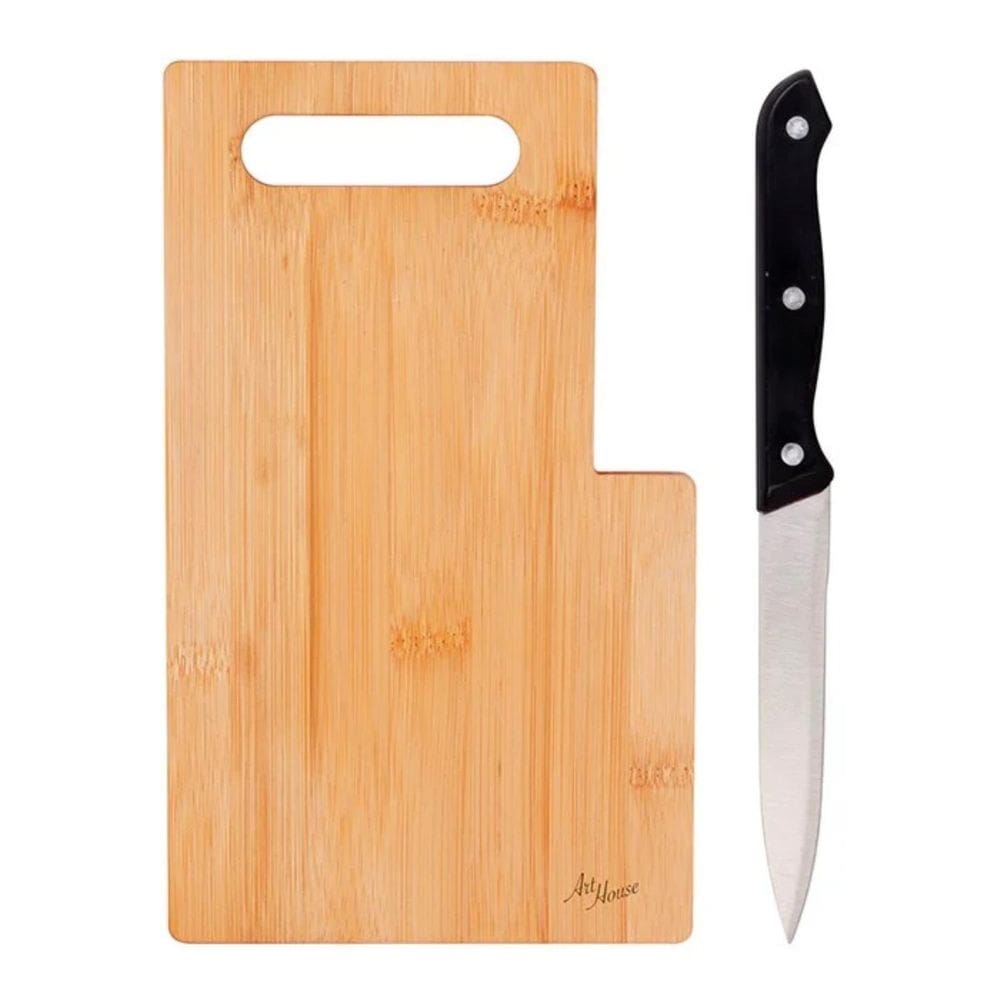 Kit Tabua De Corte Carne Madeira Bambu Com Faca Churrasco