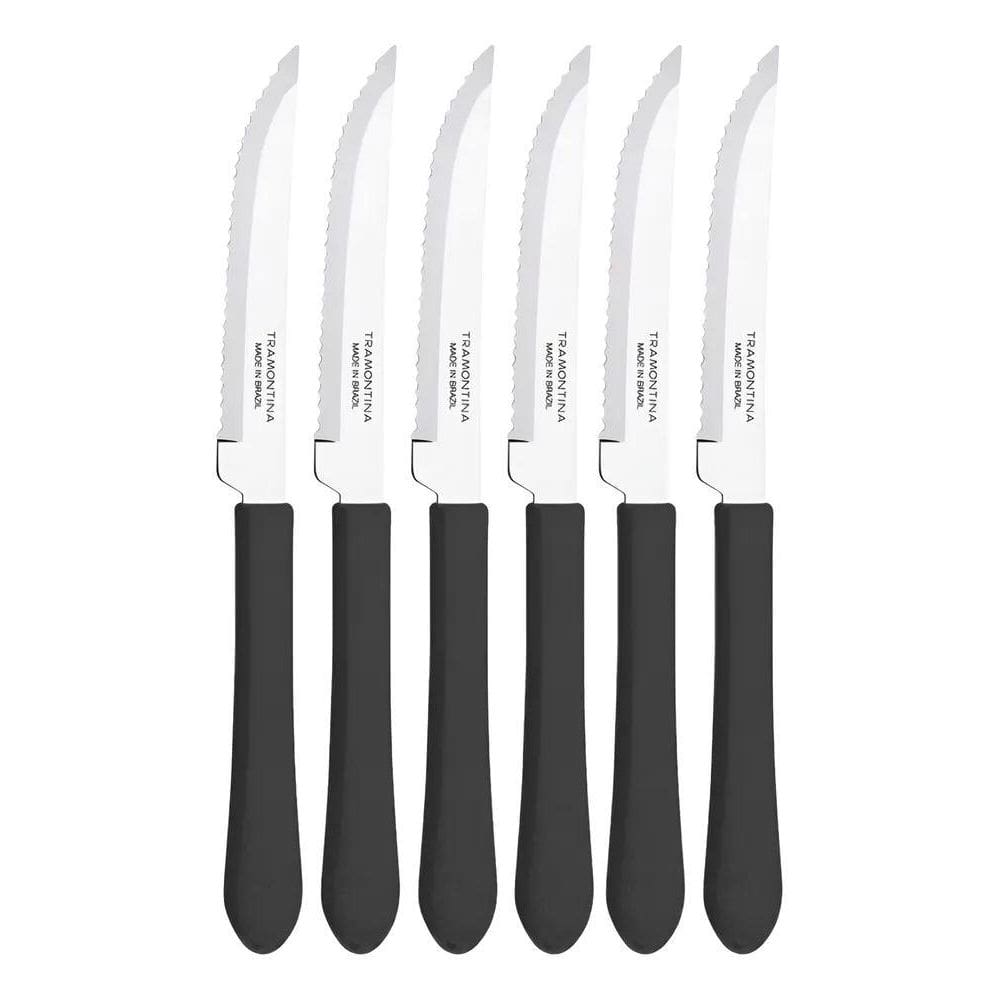 3X Jogo De Facas Churrasco 6 Uni Cabo Plástico Preto Tramont