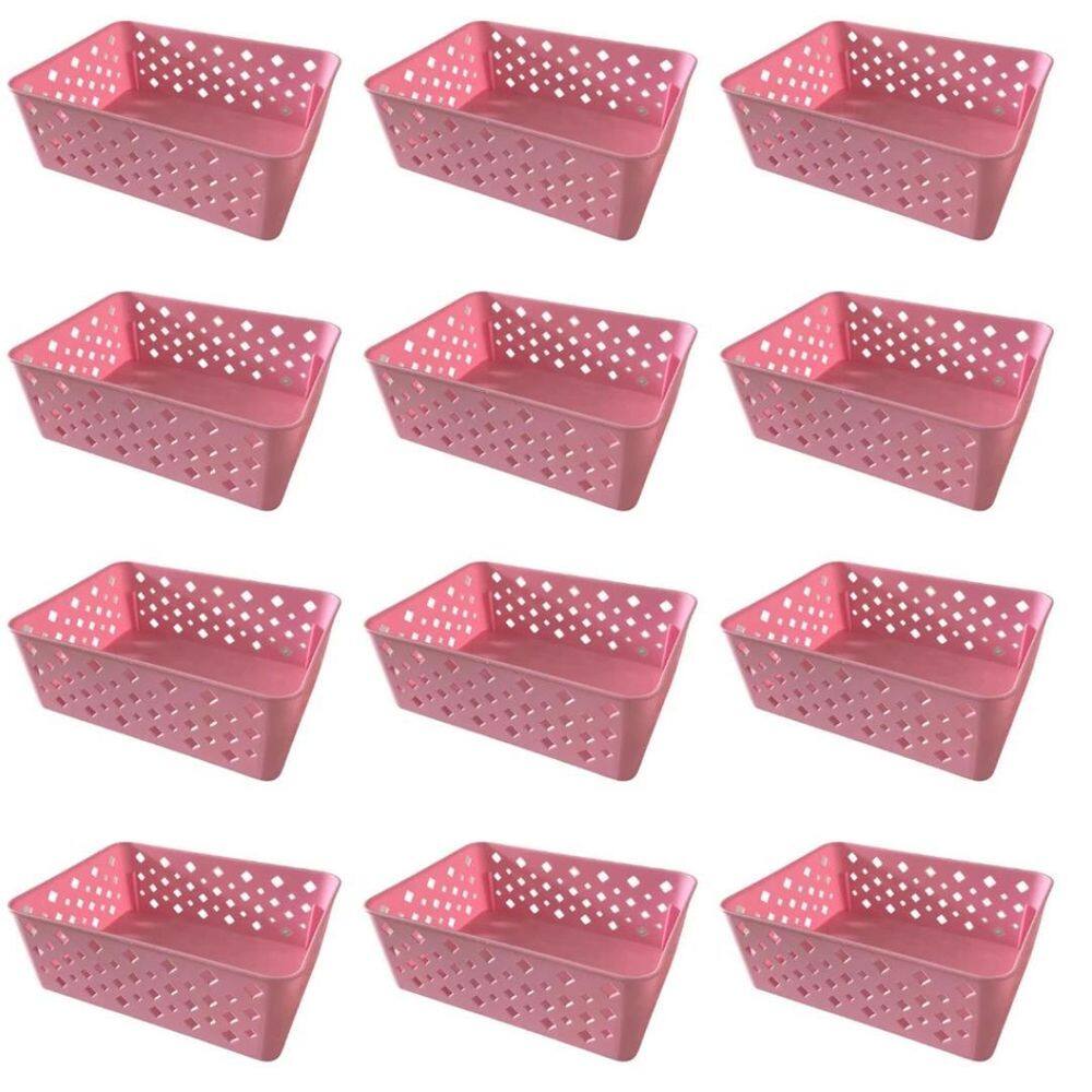 Kit 12 Cestos Organizadores Rosa Multiuso Médio Empilhável