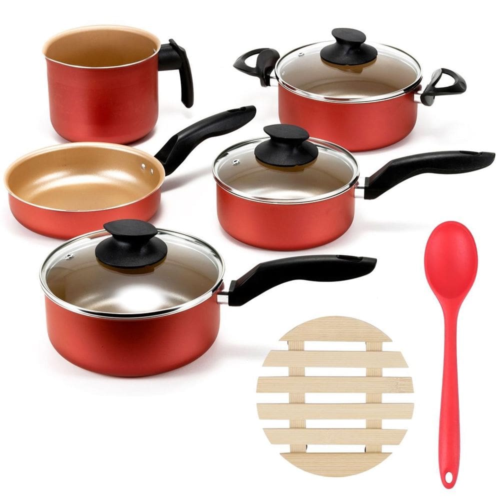 Jogo De Panelas 05 Pçs Antiaderentes + 05 Descansos + Colher