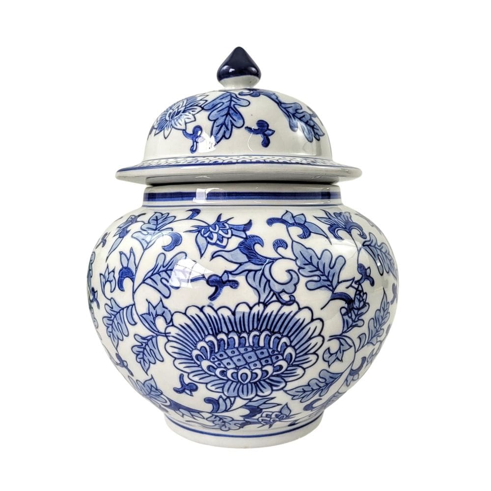 Pote Potiche Porcelana Azul Branco Floral Clássico Decoração