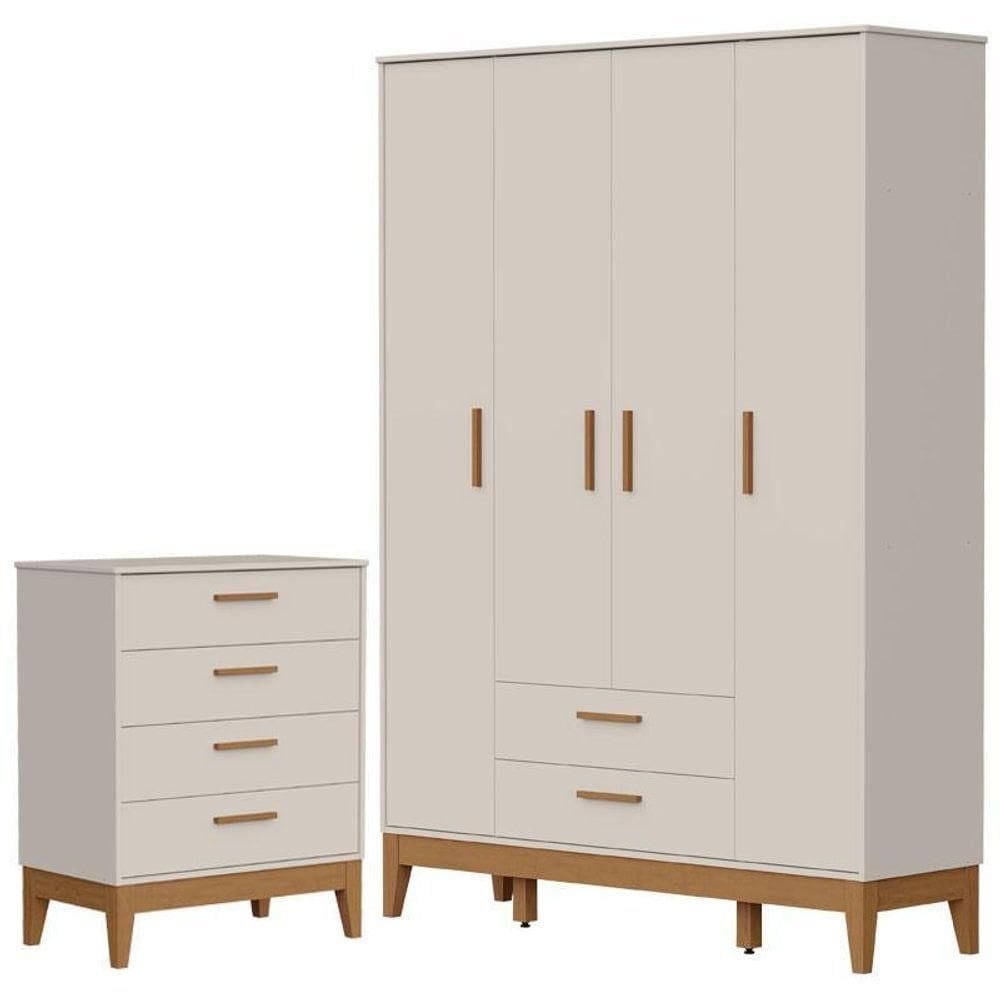 Guarda Roupa Infantil Flip 4 Portas Com Cômoda Gaveteiro Infantil Flip Areia Acetinado - Reller